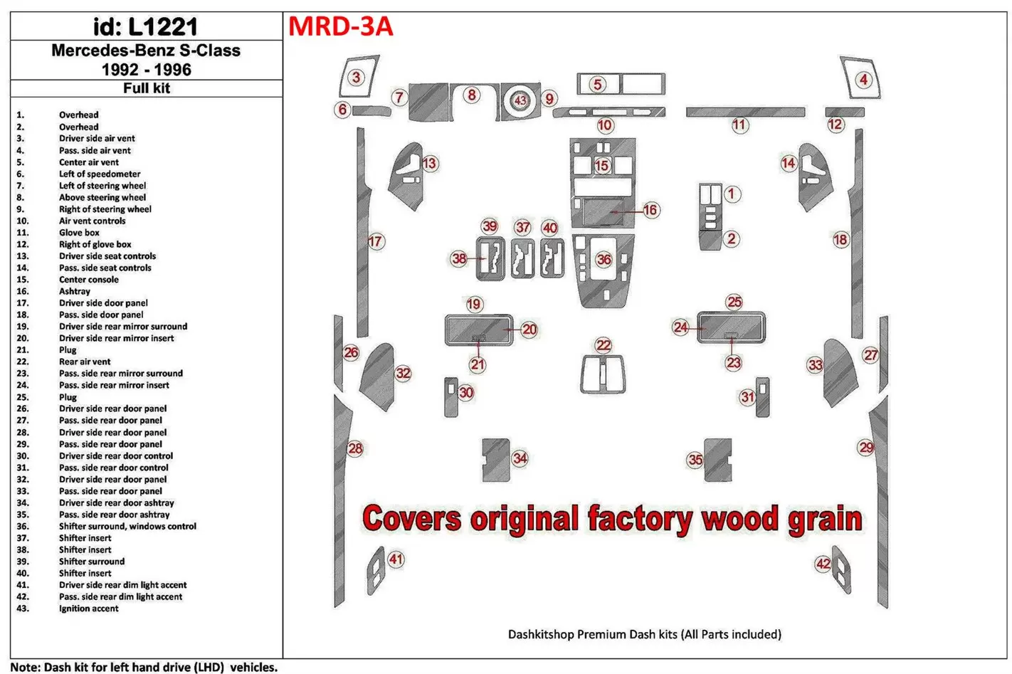 Mercedes Benz S Class W140 1992-1996 Full Set, Cover All OEM Wood Kit BD Interieur Dashboard Bekleding Volhouder