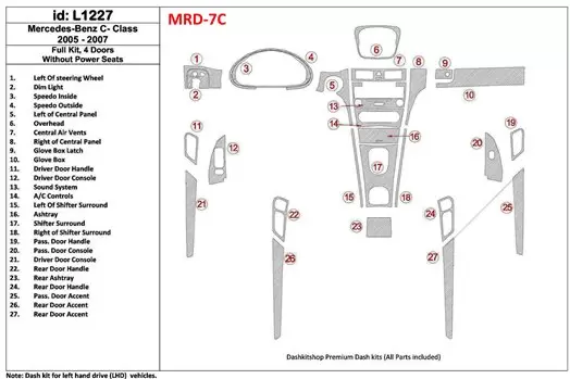 Mercedes Benz C Class 2005-2007 Full Set, 4 Doors Coupe, Without Power Seats Cruscotto BD Rivestimenti interni