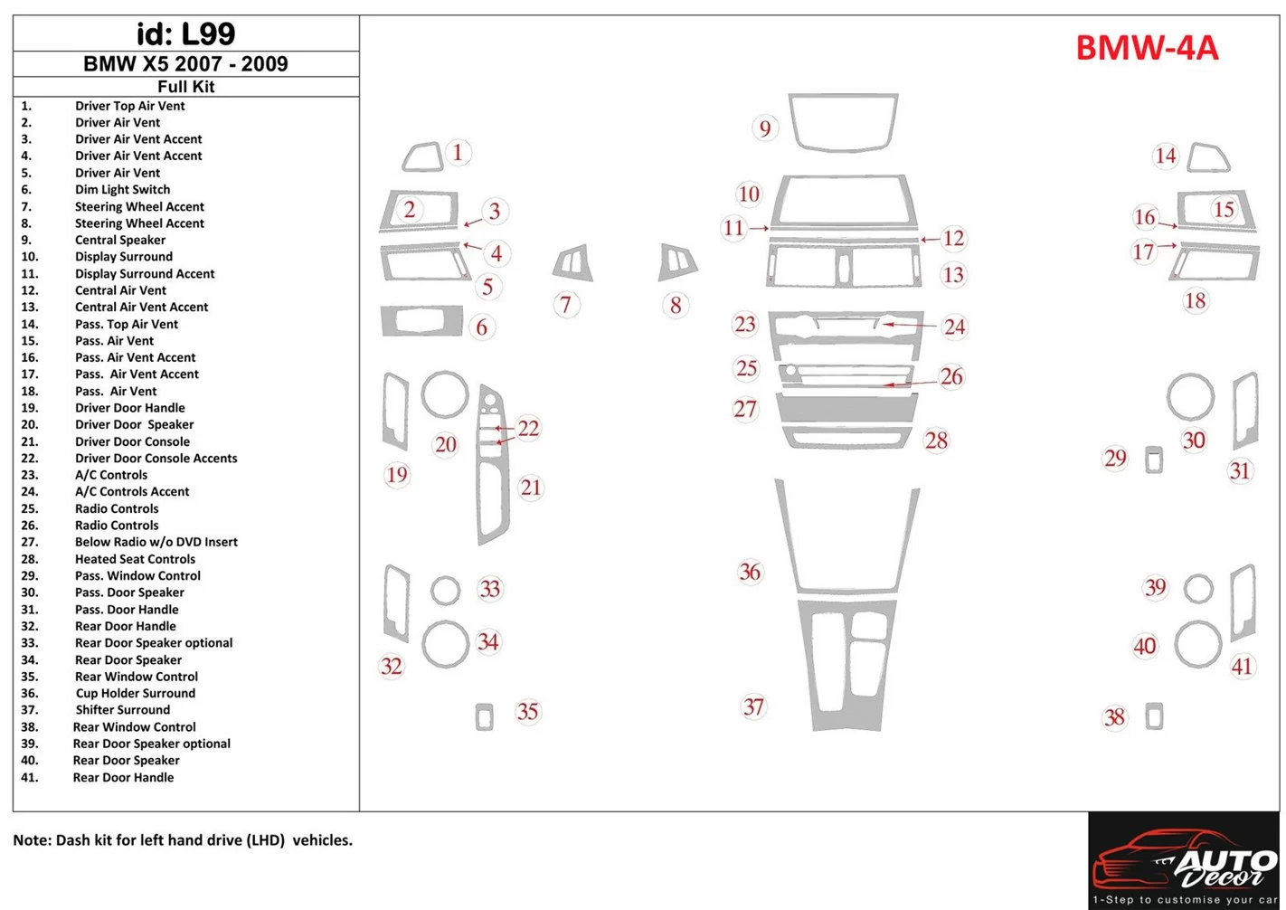 BMW X5 2007-2009 Ensemble Complet BD Kit la décoration du tableau de bord - 1 - habillage decor de tableau de bord