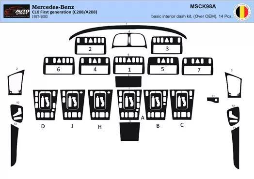 Mercedes Benz W208 CLK 1997–2003 3D Inleg dashboard Interieurset aansluitend en pasgemaakt op he 14 -Teile