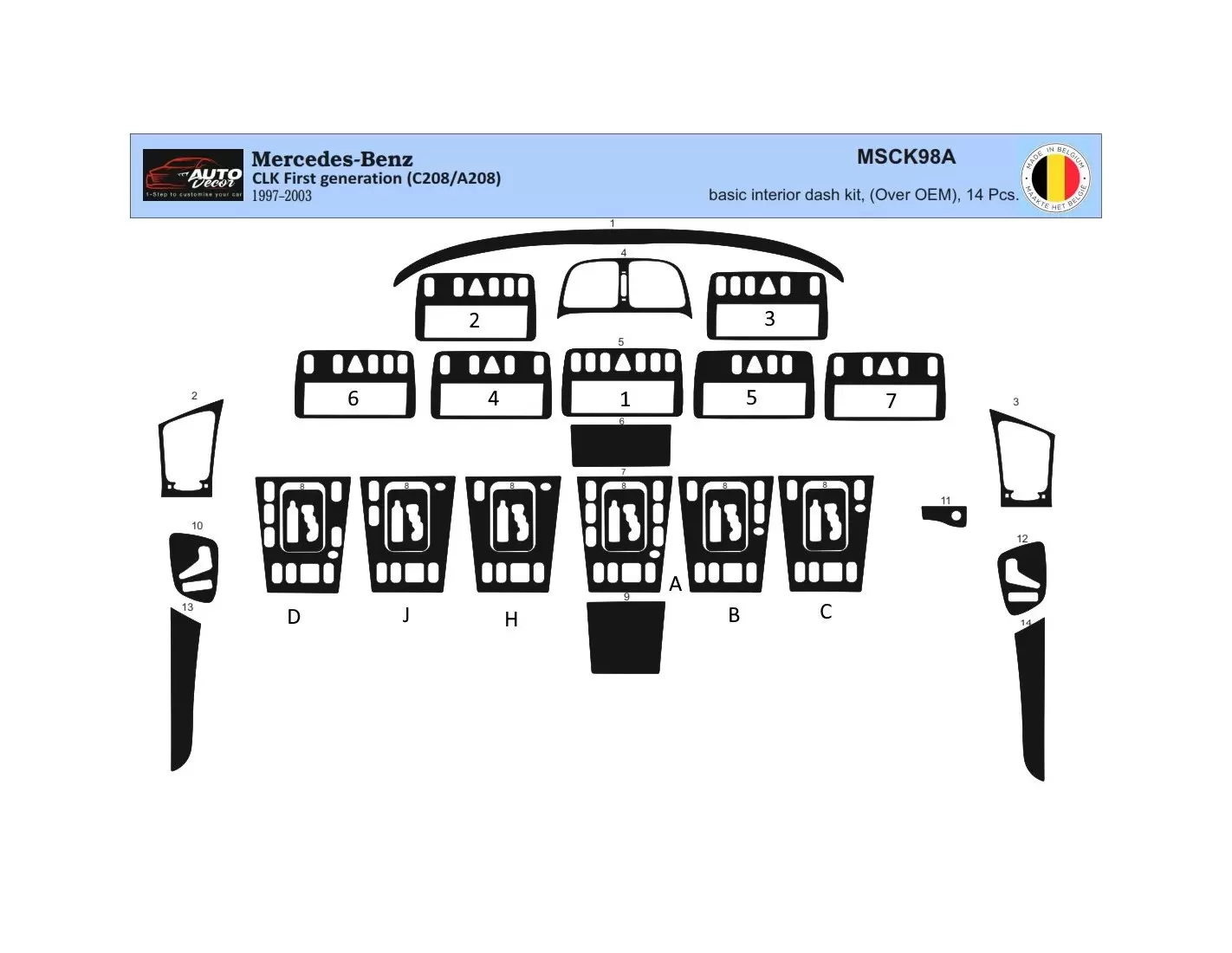 Mercedes Benz W208 CLK 1997–2003 3D Inleg dashboard Interieurset aansluitend en pasgemaakt op he 14 -Teile