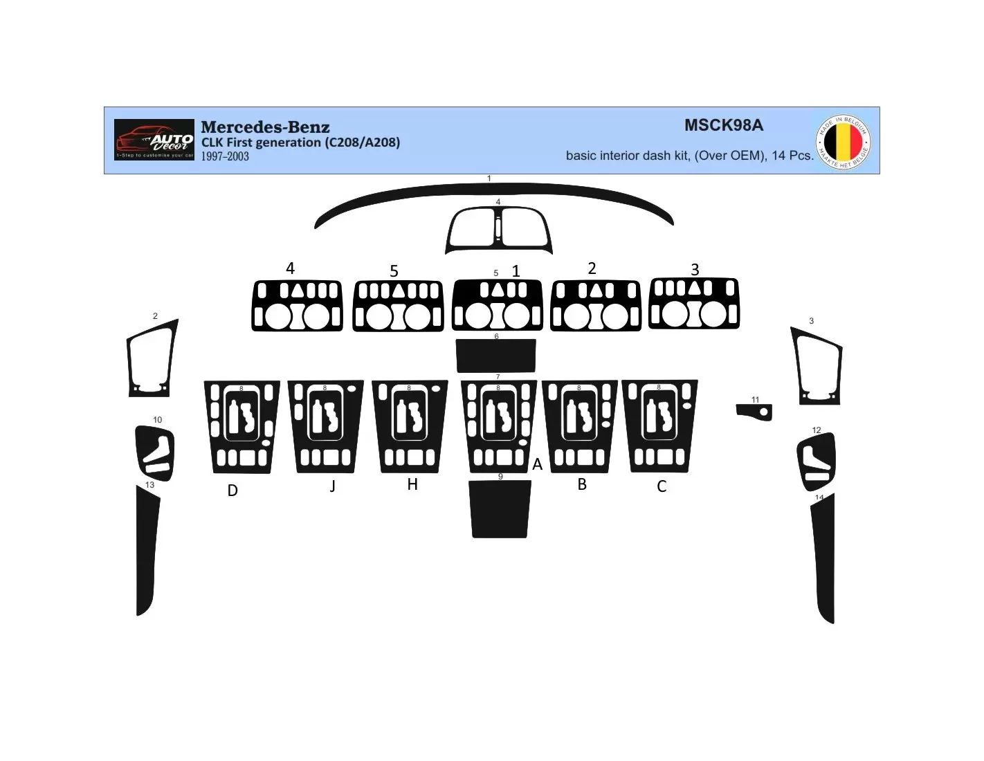 Mercedes Benz W208 CLK-Cabrio 1997–2003 Kit la décoration du tableau de bord 19-Pièce - 1 - habillage decor de tableau de bord