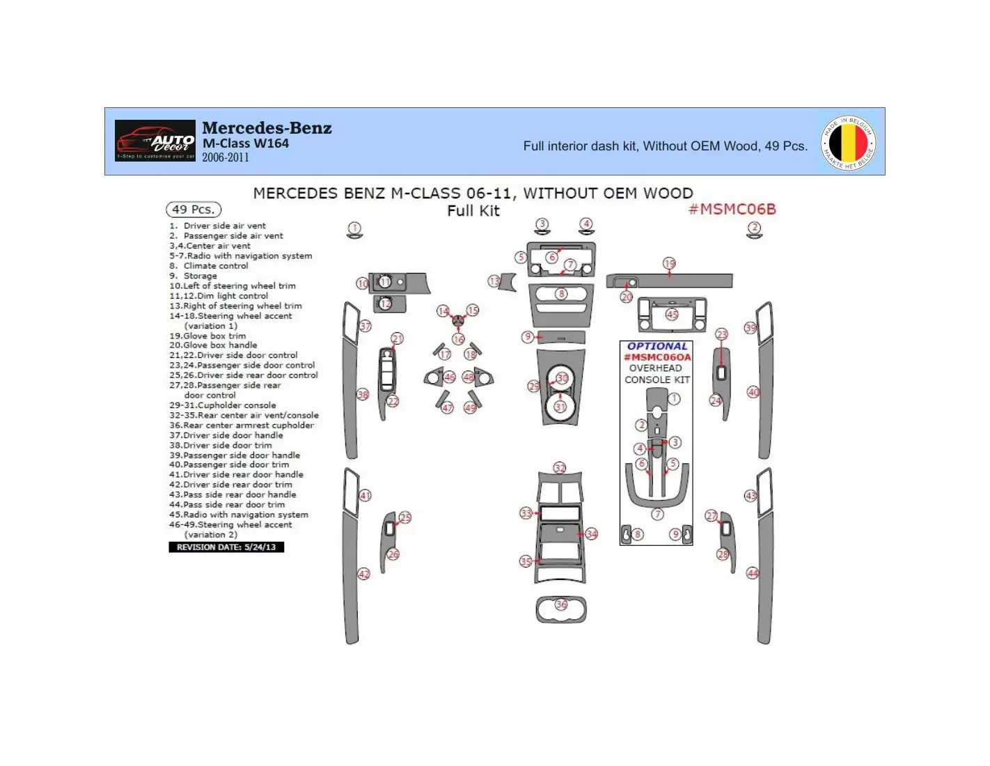 Mercedes ML-Class W164 2006-2011 3D Inleg dashboard Interieurset aansluitend en pasgemaakt op he 41 -Teile