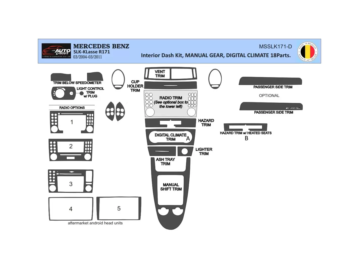 Mercedes SLK (R171) 2004-2010 Kit la décoration du tableau de bord 18-Pièce - 1 - habillage decor de tableau de bord