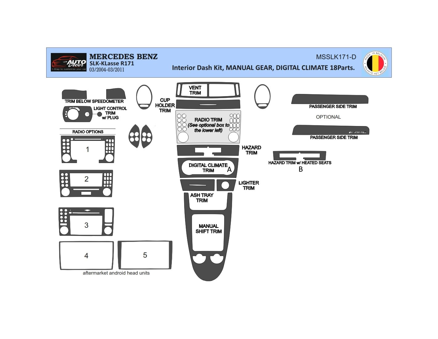 Mercedes SLK (R171) 2004-2010 Mittelkonsole Armaturendekor Cockpit Dekor 18-Teilige - 1- Cockpit Dekor Innenraum