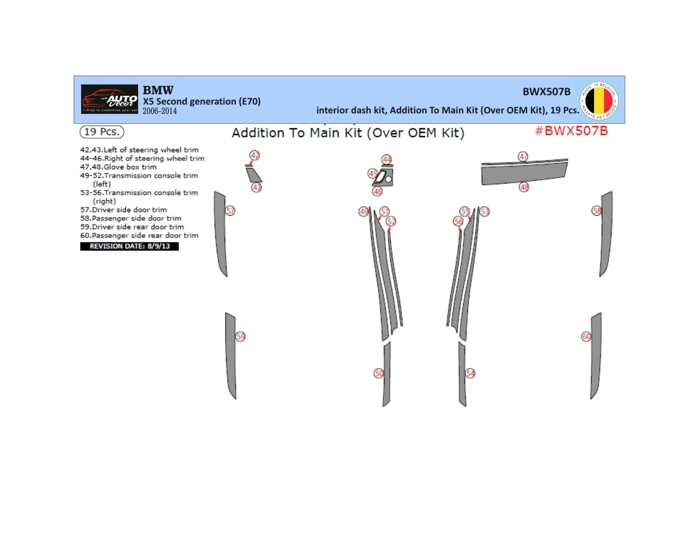 BMW X5 E70 2009-2014 Ensemble Complet BD Kit la décoration du tableau de bord 19pcs. - 1 - habillage decor de tableau de bord