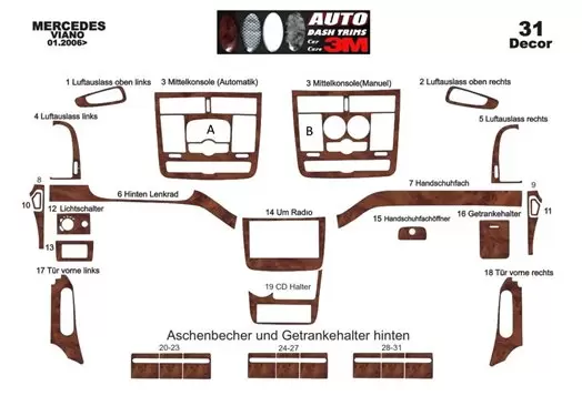 Mercedes Viano W639 01.2006 Kit Rivestimento Cruscotto all'interno del veicolo Cruscotti personalizzati 31-Decori