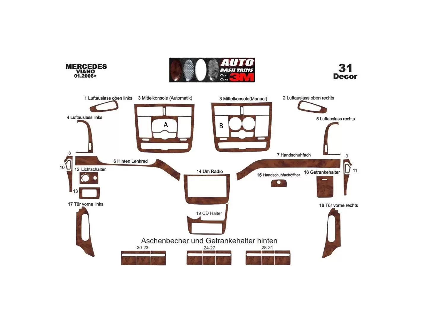 Mercedes Viano W639 01.2006 Kit Rivestimento Cruscotto all'interno del veicolo Cruscotti personalizzati 31-Decori