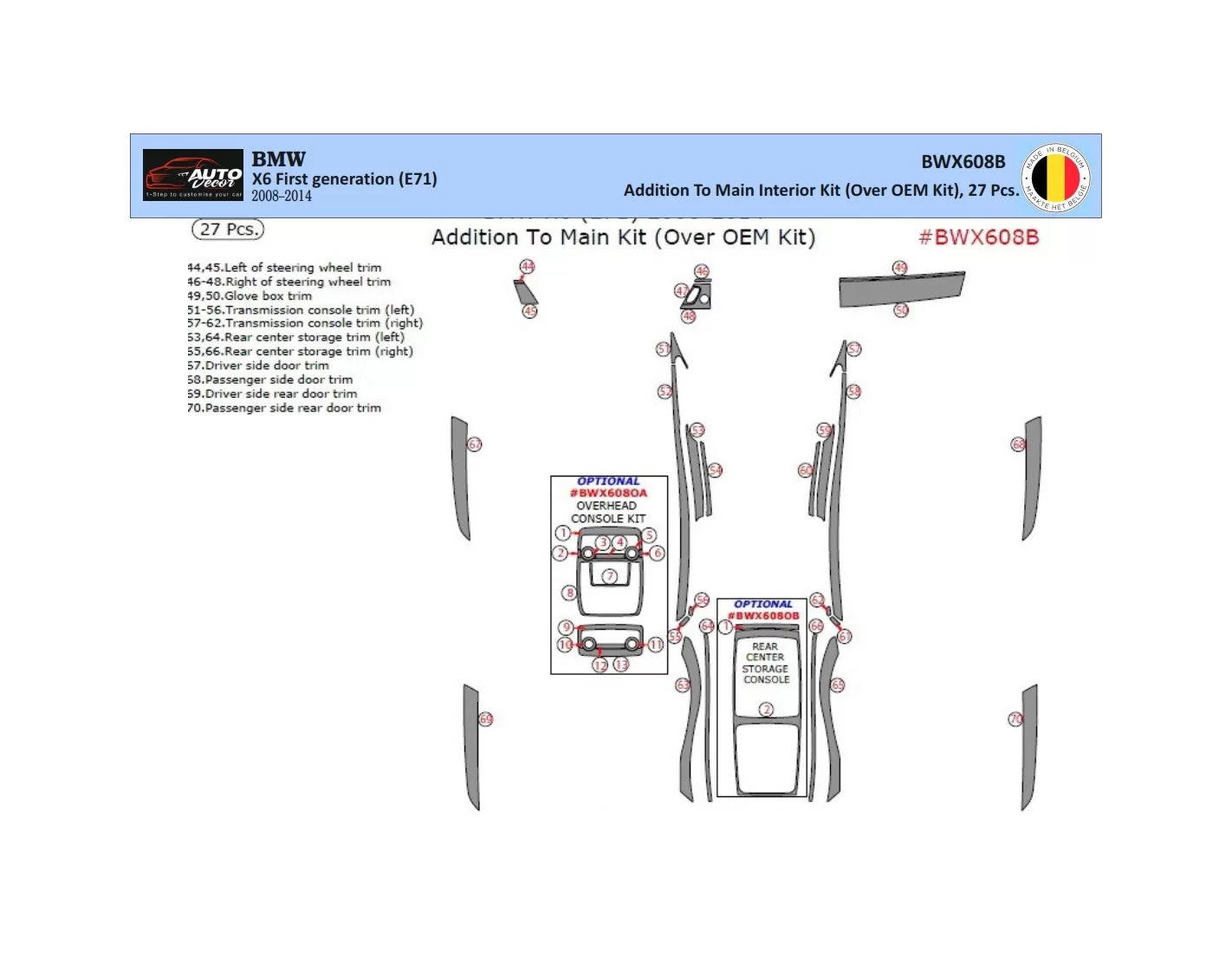 BMW X6 E71 2008-2014 3D Interior Dashboard Trim Kit Dash Trim Dekor 27-Parts
