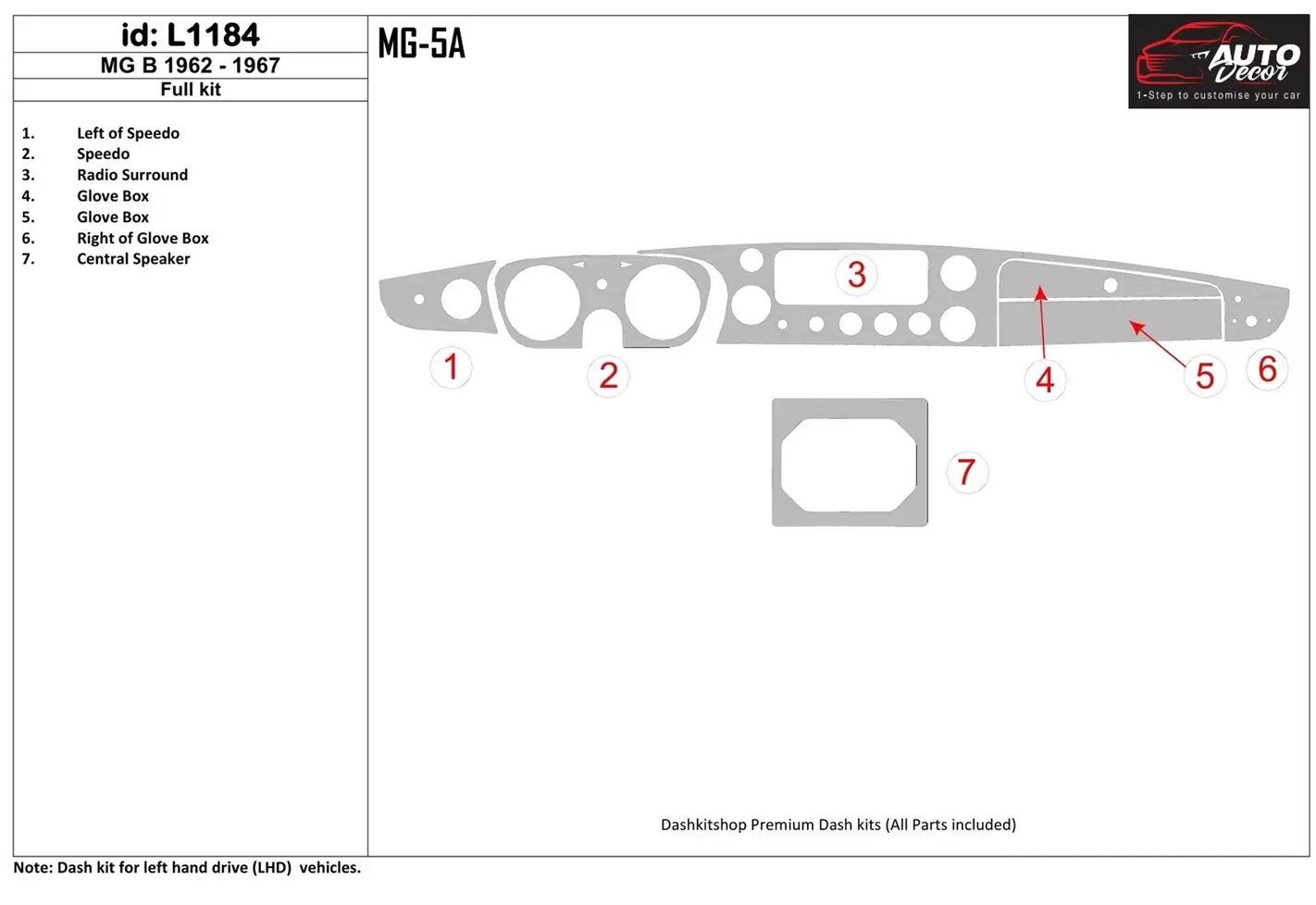 MG B 1962-1967 Full Set BD Interieur Dashboard Bekleding Volhouder