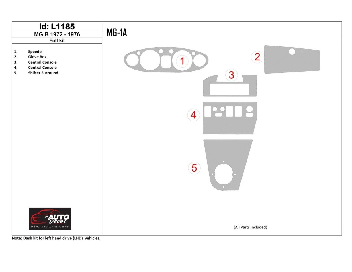 MG B 1972-1976 Full Set Cruscotto BD Rivestimenti interni