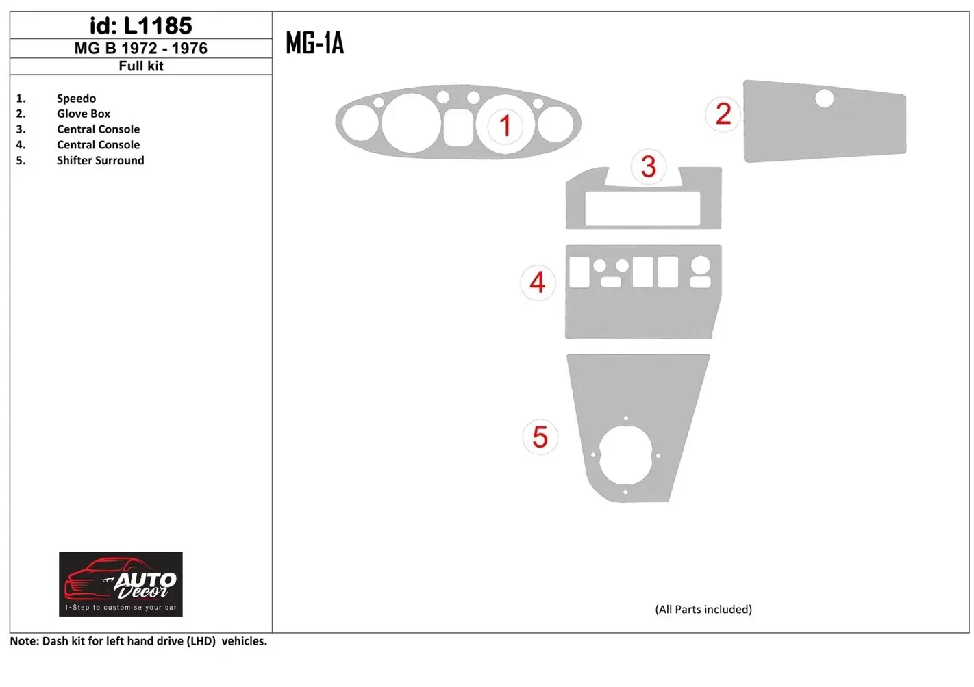 MG B 1972-1976 Full Set Cruscotto BD Rivestimenti interni