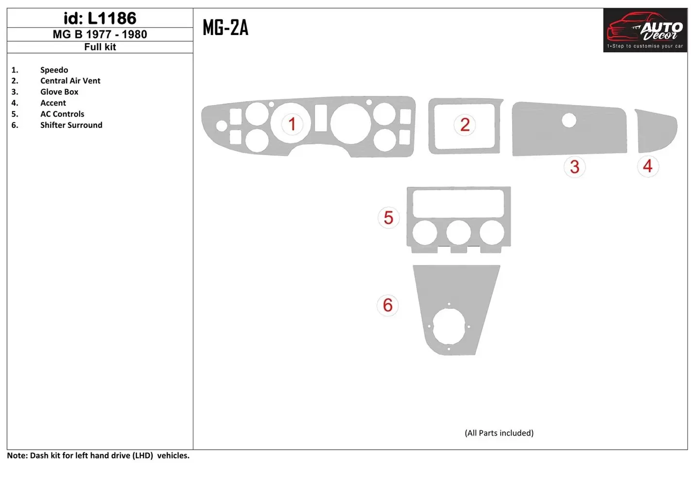 MG B 1977-1980 Ensemble Complet BD Kit la décoration du tableau de bord - 1 - habillage decor de tableau de bord