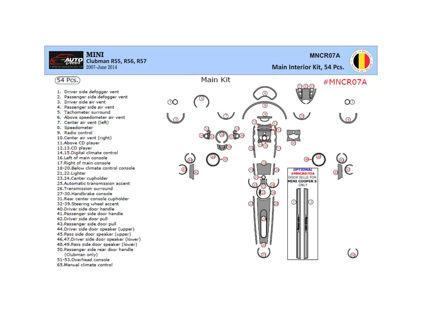 Mini Cooper Clubman R55 R56 R57 2007-2014 3D Inleg dashboard Interieurset aansluitend en pasgemaakt op he 57 -Teile