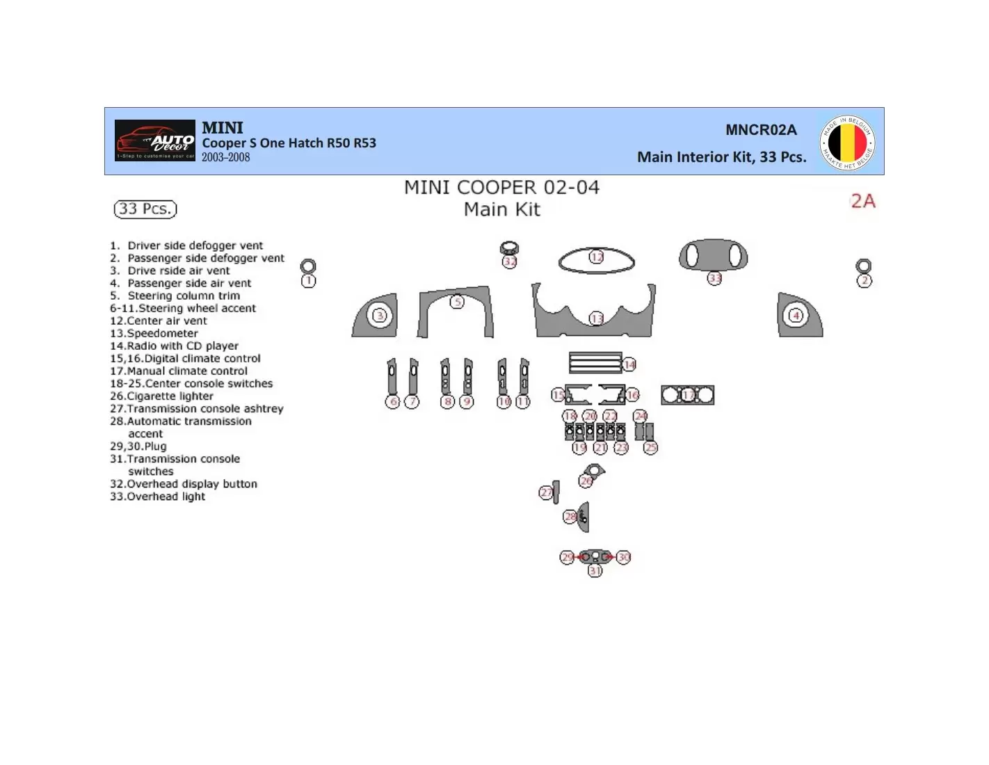 Mini Cooper R50 R53 2003-2008 Kit la décoration du tableau de bord 33-Pièce - 1 - habillage decor de tableau de bord