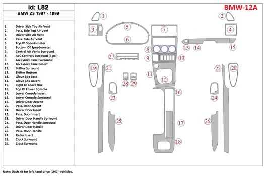 BMW Z3 1997-1999 Ensemble Complet BD Kit la décoration du tableau de bord - 1 - habillage decor de tableau de bord