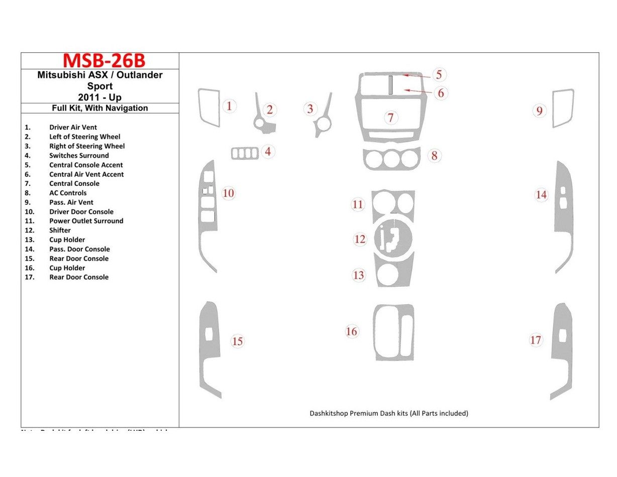 Mitsubishi ASX 2011-UP Full Set, With NAVI BD Interieur Dashboard Bekleding Volhouder