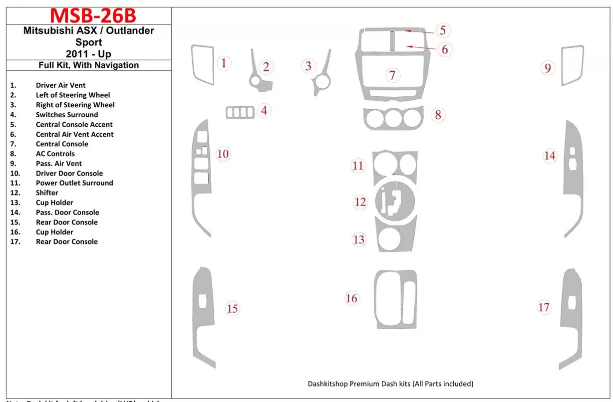 Mitsubishi ASX 2011-UP Full Set, With NAVI BD Interieur Dashboard Bekleding Volhouder