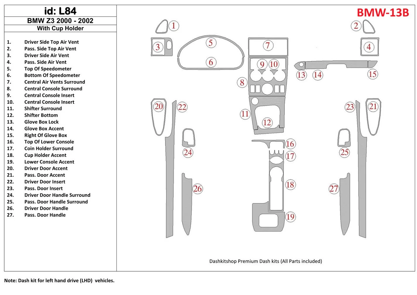 BMW Z3 2000-2003 Avec glass-holder BD Kit la décoration du tableau de bord - 1 - habillage decor de tableau de bord