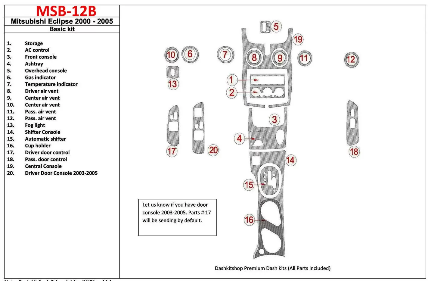 Mitsubishi Eclipse 2000-2005 Basic Set, 19 Parts set BD Interieur Dashboard Bekleding Volhouder