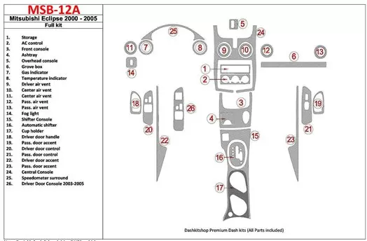 Mitsubishi Eclipse 2000-2005 Full Set, 25 Parts set Cruscotto BD Rivestimenti interni