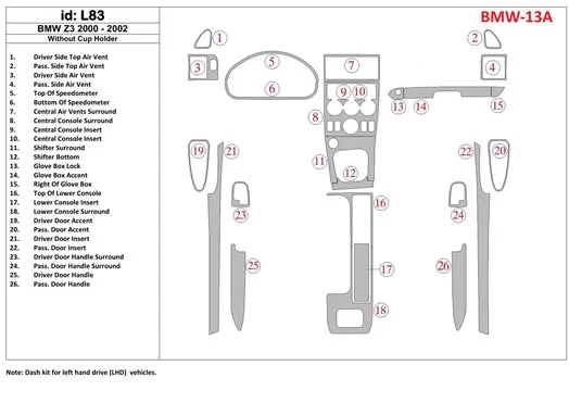 BMW Z3 2000-2003 Sans glass-holder BD Kit la décoration du tableau de bord - 1 - habillage decor de tableau de bord