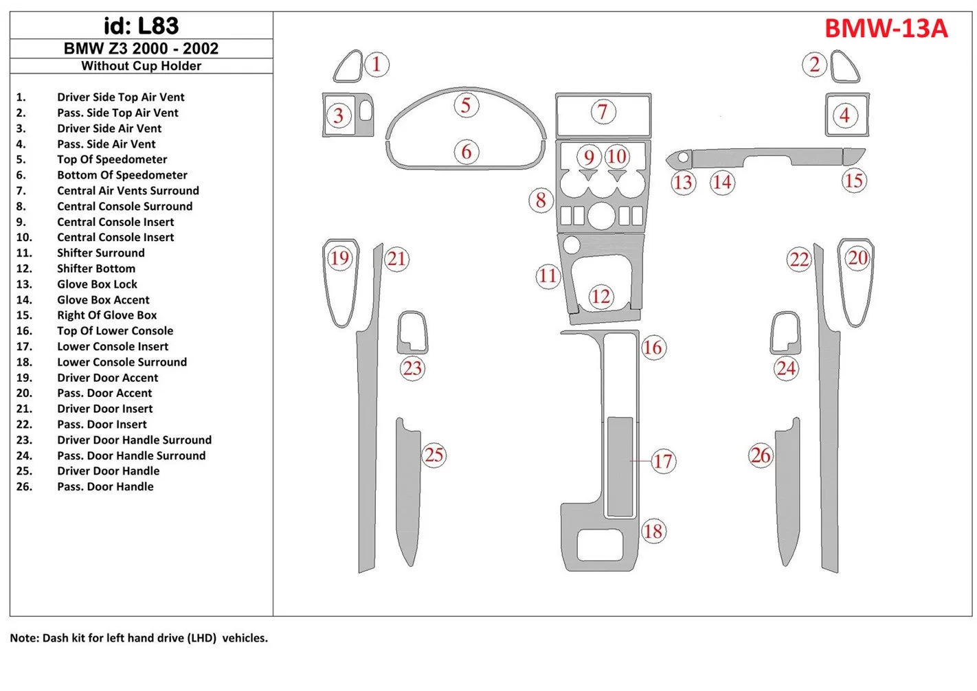 BMW Z3 2000-2003 Sans glass-holder BD Kit la décoration du tableau de bord - 1 - habillage decor de tableau de bord