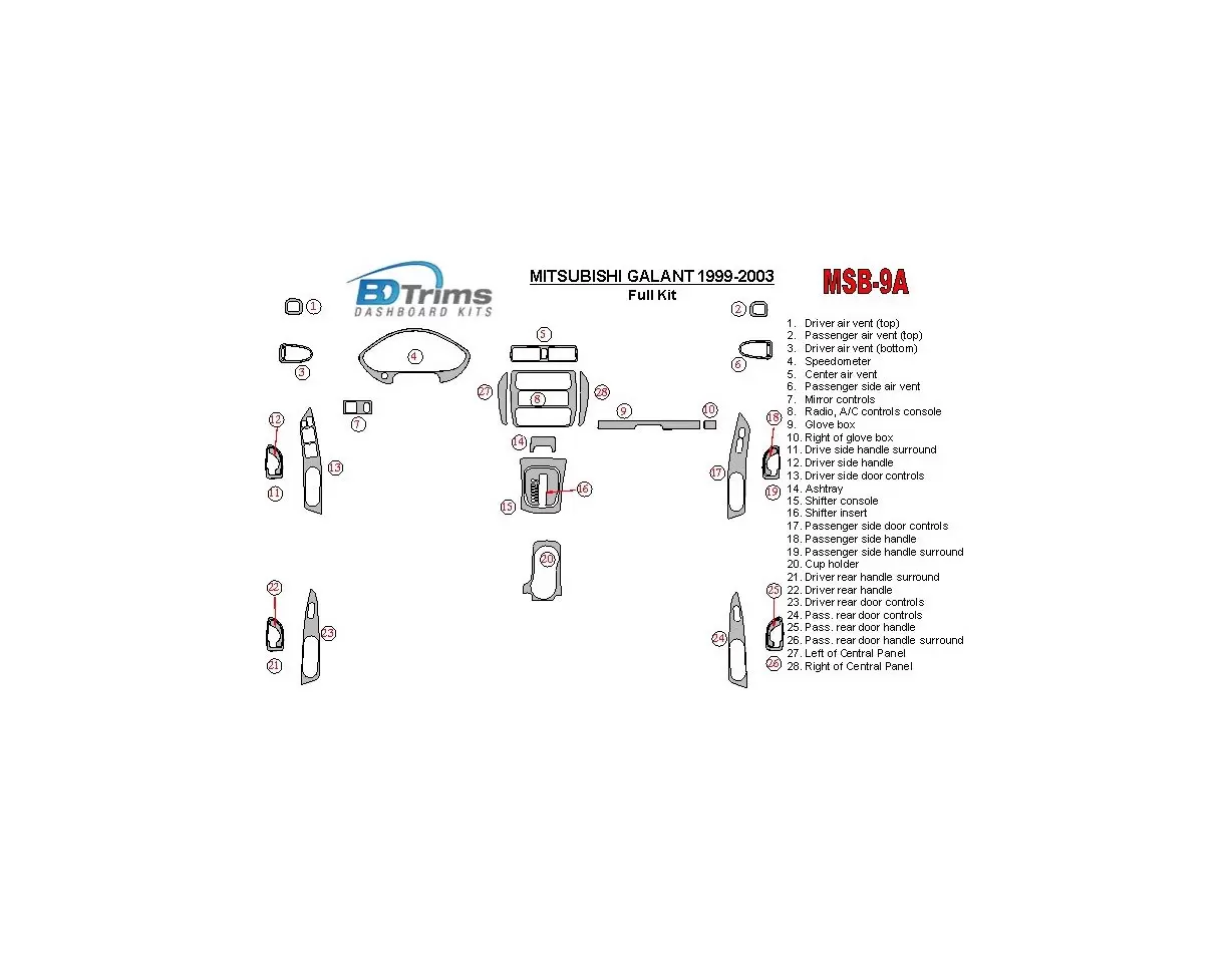 Mitsubishi Galant 1999-2003 Ensemble Complet BD Kit la décoration du tableau de bord - 1 - habillage decor de tableau de bord