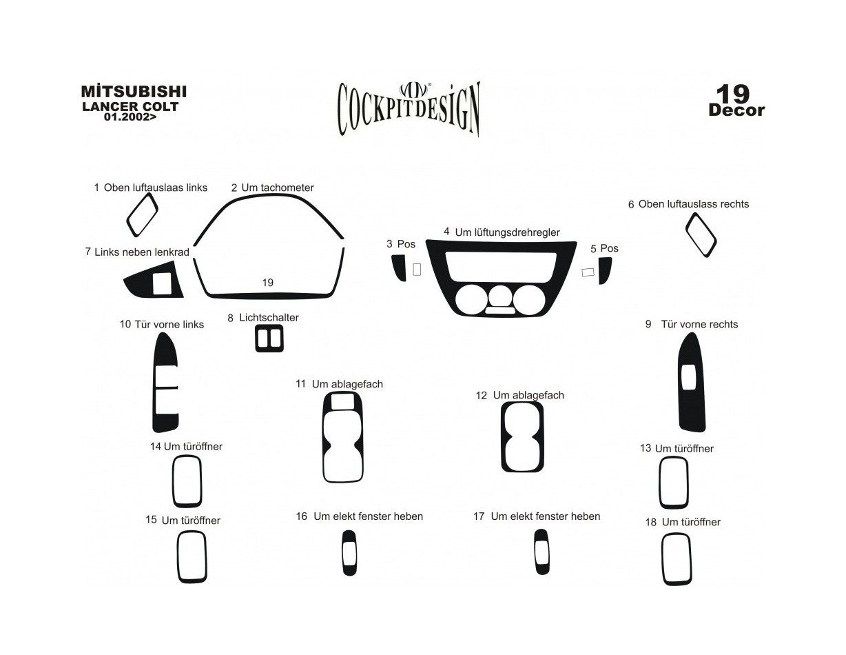 Mitsubishi Lancer 02-12.09 Mittelkonsole Armaturendekor Cockpit Dekor 19-Teilige - 1- Cockpit Dekor Innenraum