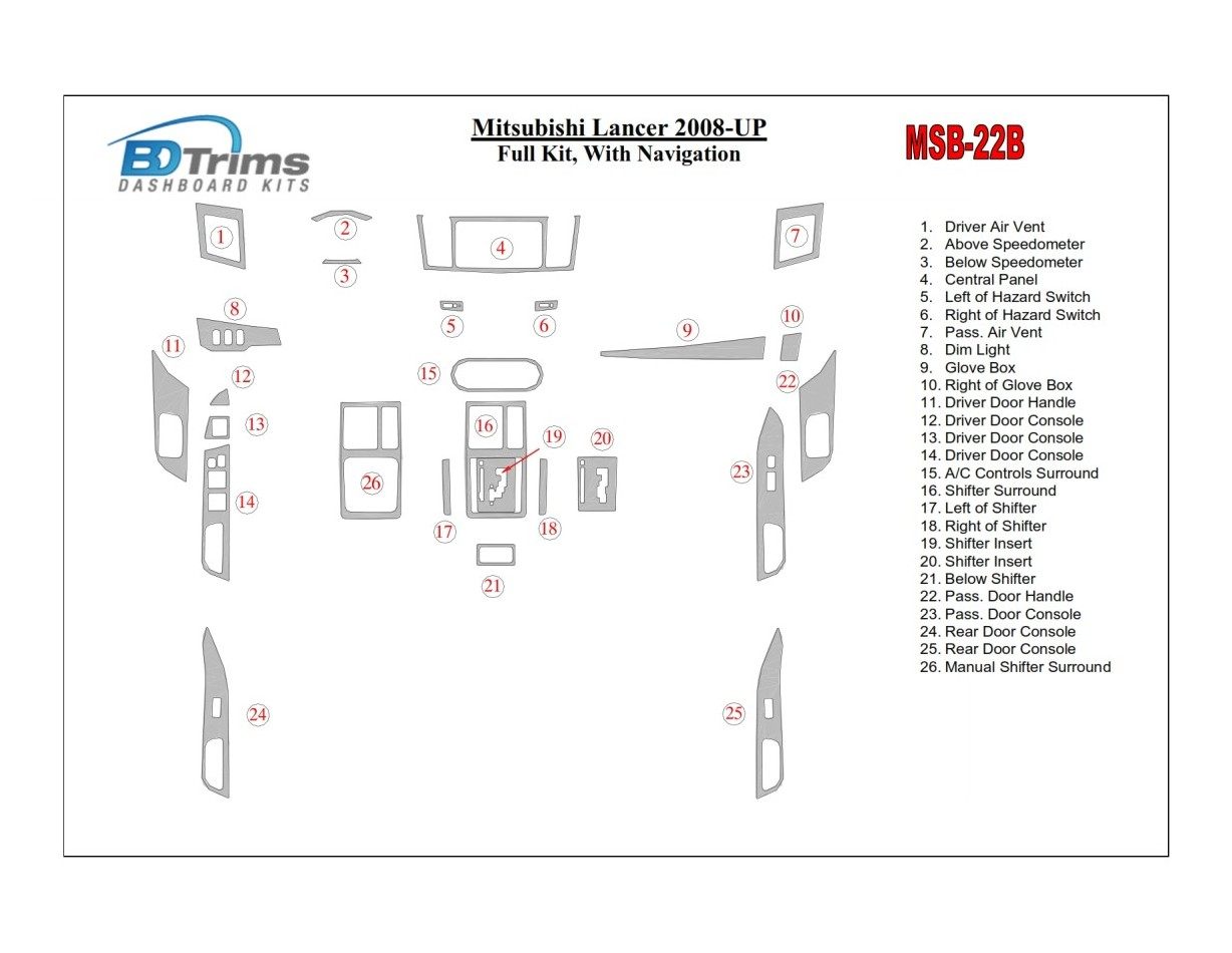 Mitsubishi Lancer 2008-UP Full Set, With NAVI BD Interieur Dashboard Bekleding Volhouder
