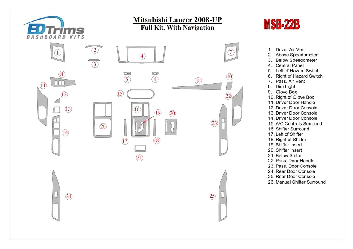 Mitsubishi Lancer 2008-UP Full Set, With NAVI BD Interieur Dashboard Bekleding Volhouder