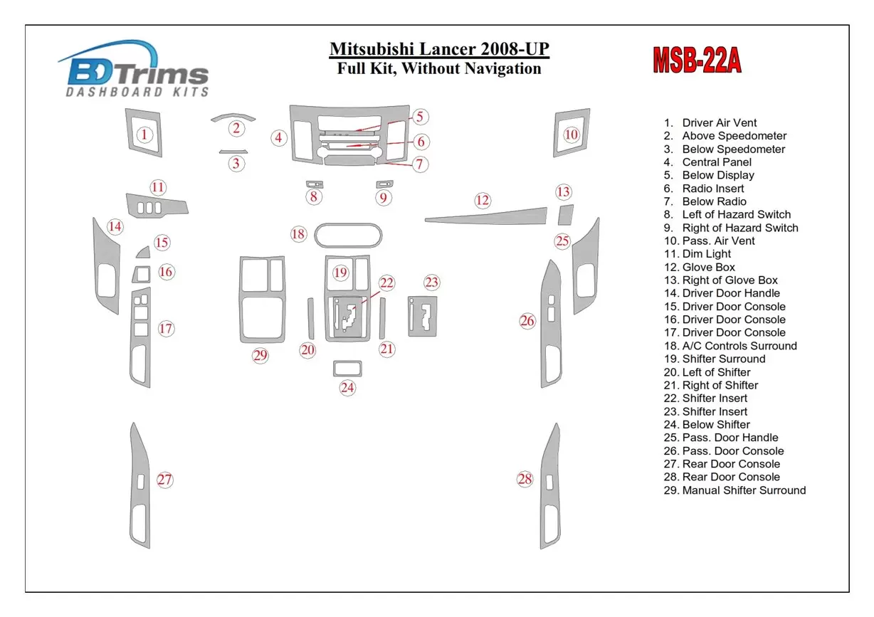 Mitsubishi Lancer 2008-UP Ensemble Complet, Sans NAVI BD Kit la décoration du tableau de bord - 1 - habillage decor de tableau d