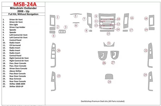 Mitsubishi Outlander 2008-UP Full Set, Without NAVI Interior BD Dash Trim Kit