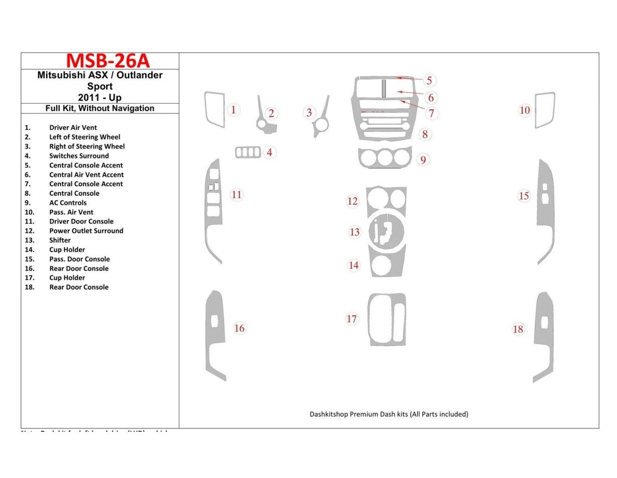 Mitsubishi Outlander ASX/Sport 2011-UP Ensemble Complet, Sans NAVI BD Kit la décoration du tableau de bord - 1 - habillage decor