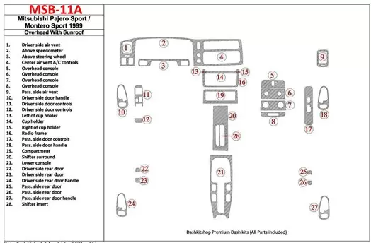 Mitsubishi Pajero Sport/Montero Sport 1998-2008 Overhead With Sunroof, 28 Parts set BD Interieur Dashboard Bekleding Volhouder