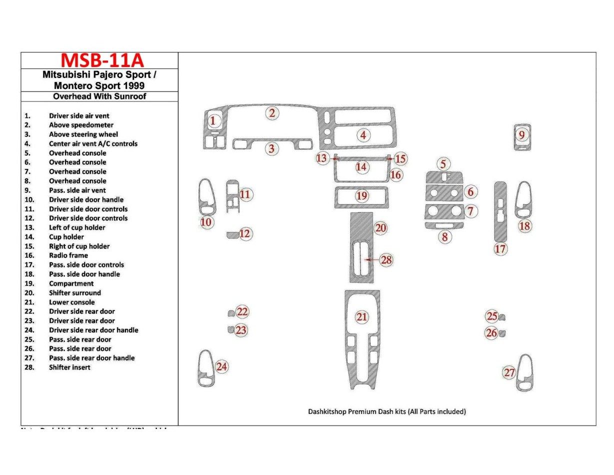 Mitsubishi Pajero Sport/Montero Sport 1998-2008 Overhead With Sunroof, 28 Parts set BD innenausstattung armaturendekor cockpit d