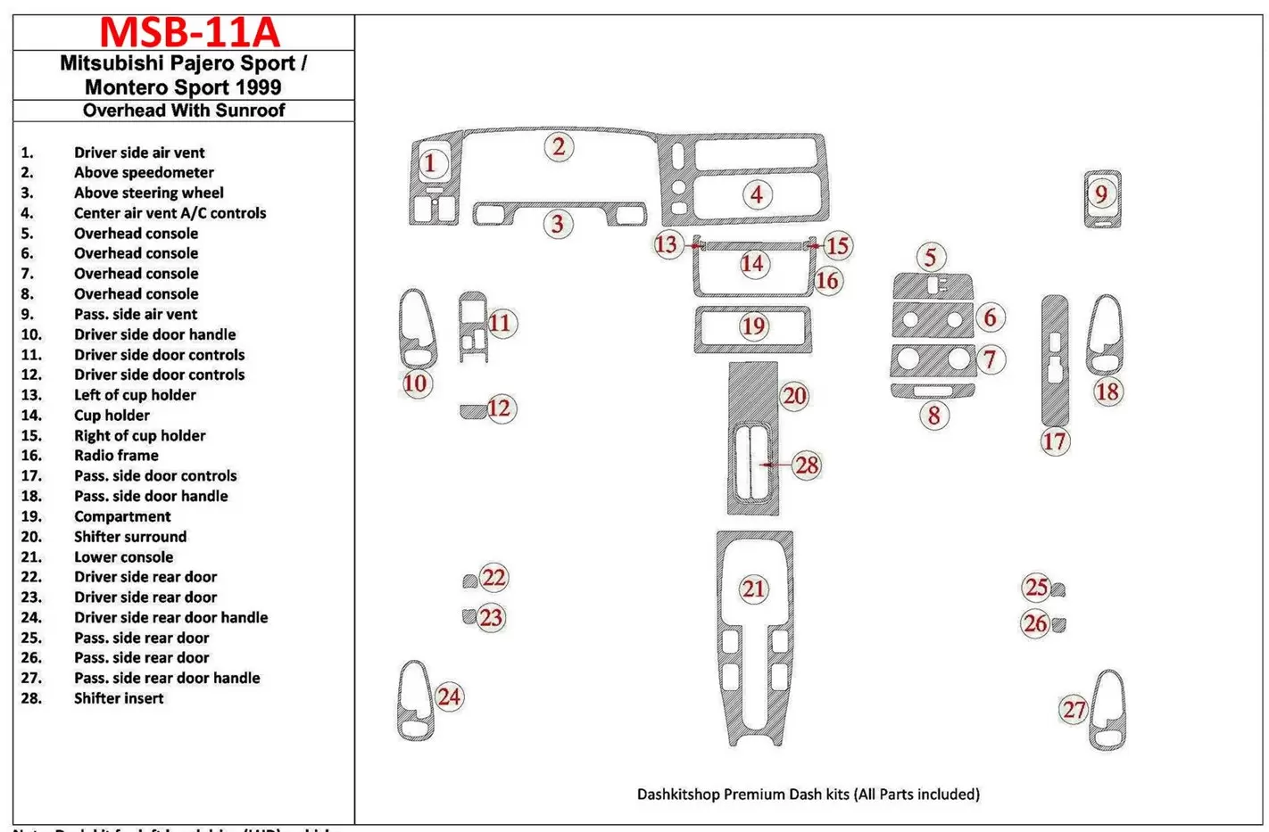 Mitsubishi Pajero Sport/Montero Sport 1998-2008 Overhead With Sunroof, 28 Parts set Cruscotto BD Rivestimenti interni