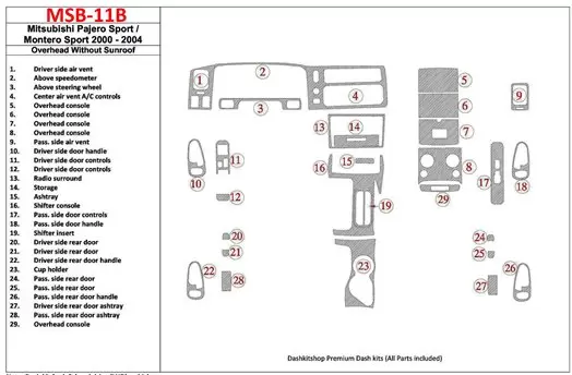 Mitsubishi Pajero Sport/Montero Sport 1998-2008 Overhead Sans Sunroof, 29 Parts set BD Kit la décoration du tableau de bord - 1 