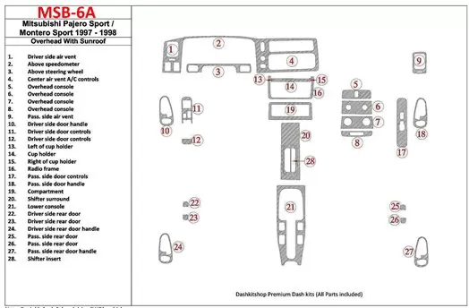 Mitsubishi Pajero Sport/Montero Sport 1998-2008 Avec Overhead, Avec Sunroof, 28 Parts set BD Kit la décoration du tableau de bor