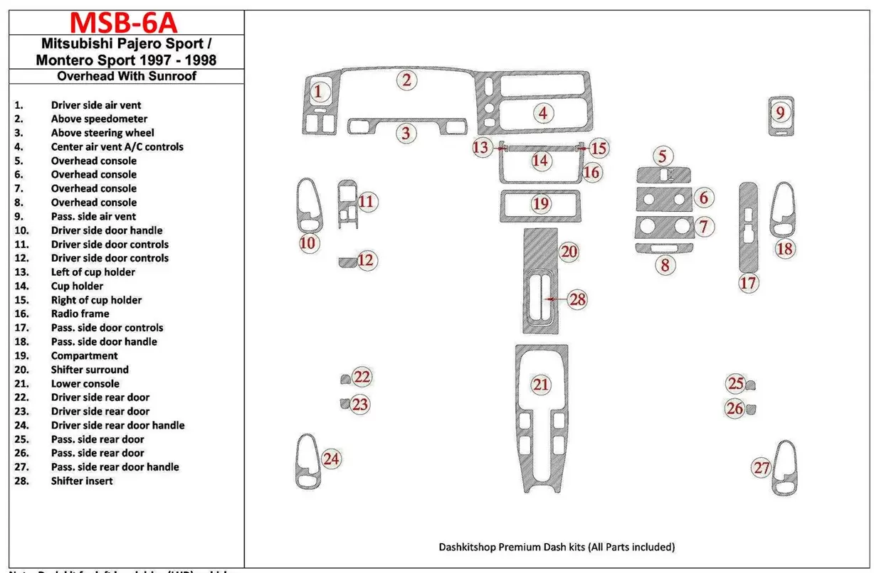 Mitsubishi Pajero Sport/Montero Sport 1998-2008 With Overhead, With Sunroof, 28 Parts set Cruscotto BD Rivestimenti interni