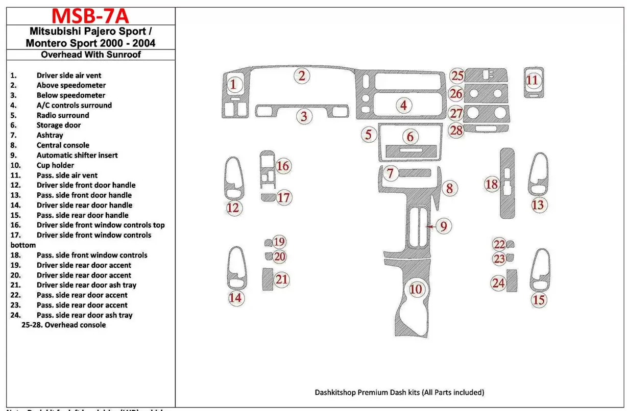 Mitsubishi Pajero Sport/Montero Sport 1998-2008 Avec Overhead, Avec Sunroof, 28 Parts set BD Kit la décoration du tableau de bor