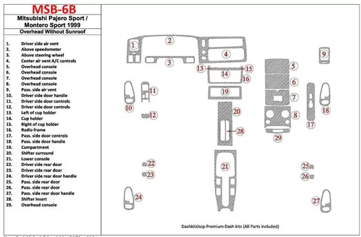 Mitsubishi Pajero Sport/Montero Sport 1998-2008 With Overhead, Without Sunroof, 29 Parts set BD Interieur Dashboard Bekleding Vo