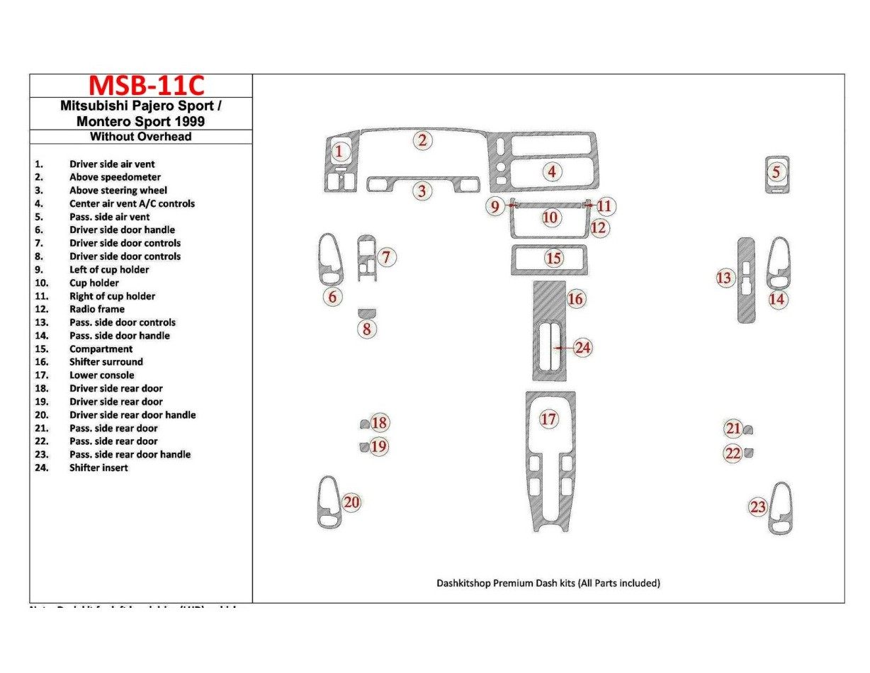 Mitsubishi Pajero Sport/Montero Sport 1998-2008 Sans Overhead, 24 Parts set BD Kit la décoration du tableau de bord - 1 - habill