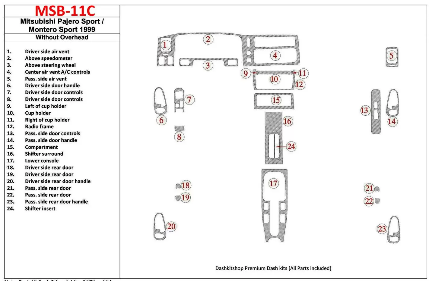 Mitsubishi Pajero Sport/Montero Sport 1998-2008 Sans Overhead, 24 Parts set BD Kit la décoration du tableau de bord - 1 - habill