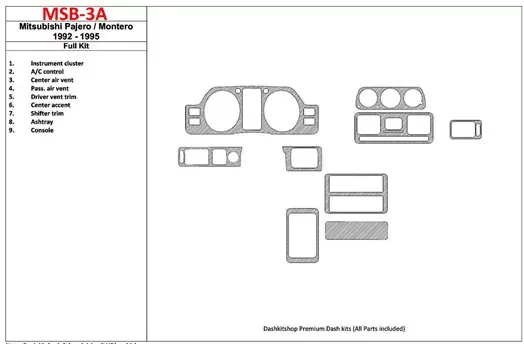 Mitsubishi Pajero/Montero 1991-1999 Full Set, 9 Parts set BD Interieur Dashboard Bekleding Volhouder