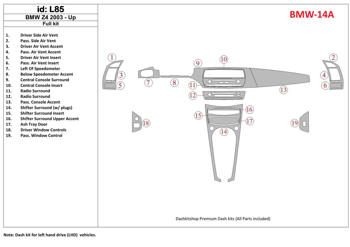 BMW Z4 2003-UP Ensemble Complet BD Kit la décoration du tableau de bord - 1 - habillage decor de tableau de bord