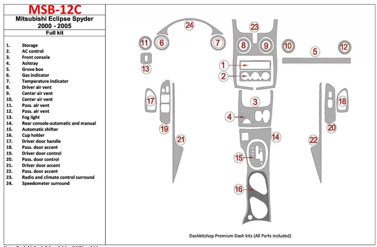 Mitsubishi Spyder 2000-2005 Ensemble Complet, 24 Parts set BD Kit la décoration du tableau de bord - 1 - habillage decor de tabl