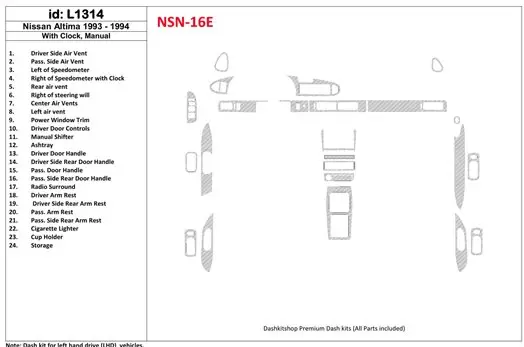 Nissan Altima 1993-1993 Automatic Gearbox, With watches, Without OEM, 23 Parts set Interior BD Dash Trim Kit