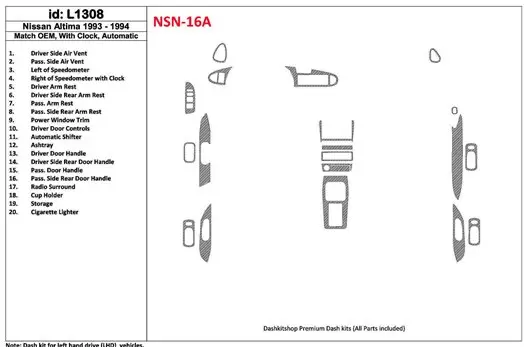 Nissan Altima 1993-1994 Automatic Gearbox, With watches, OEM Match, 19 Parts set BD Interieur Dashboard Bekleding Volhouder