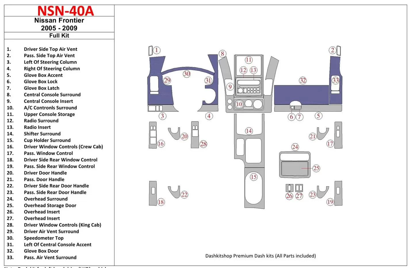 Nissan Frontier 2005-UP Full Set BD Interieur Dashboard Bekleding Volhouder